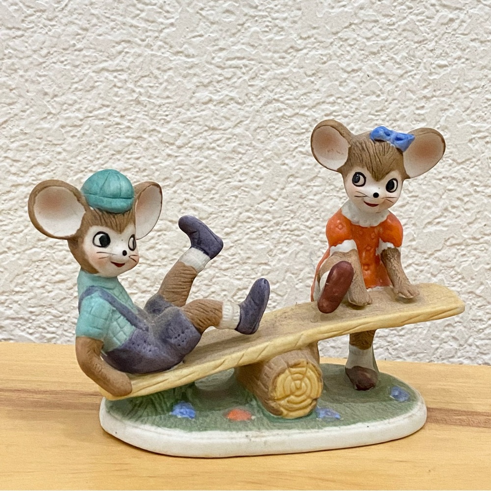 Vintage Anthropomorphic Mouse Boy & Girl Mouse Playing on a See-saw Figurine